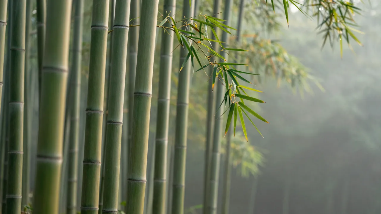 Sharp foreground bamboo stalks with soft blurred mist filling a sunlit bamboo grove