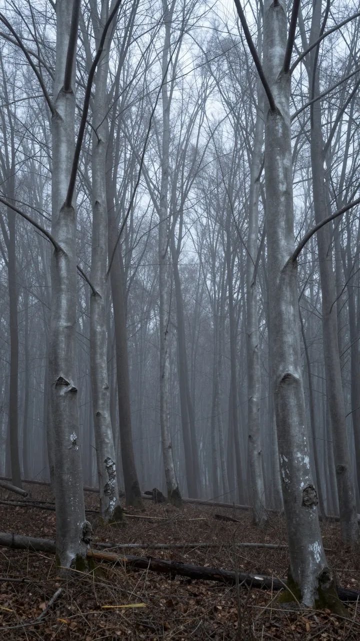 Tall bare silver beech trunks stand densely packed in thick fog across a leafy forest floor