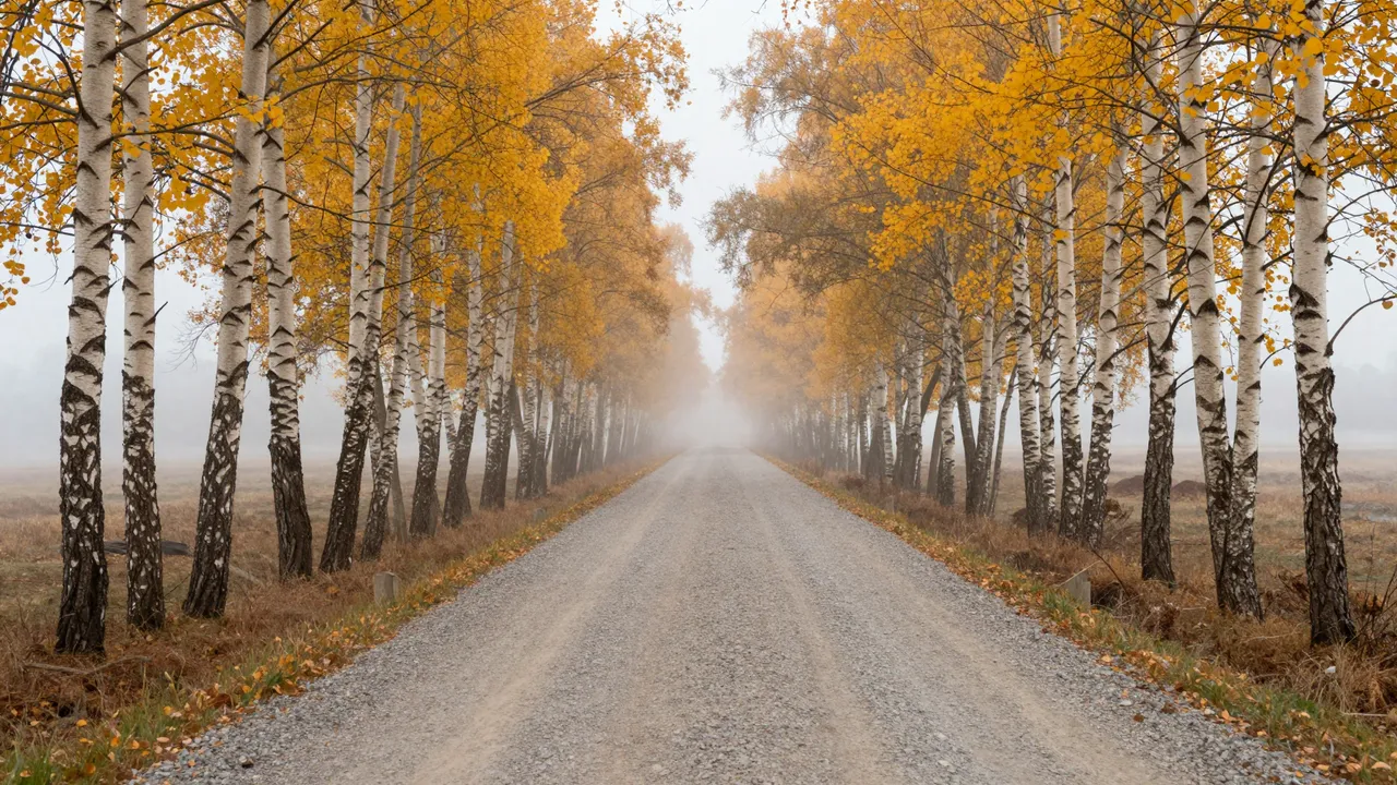 A straight empty gravel road runs through rows of golden autumn birches in soft fog