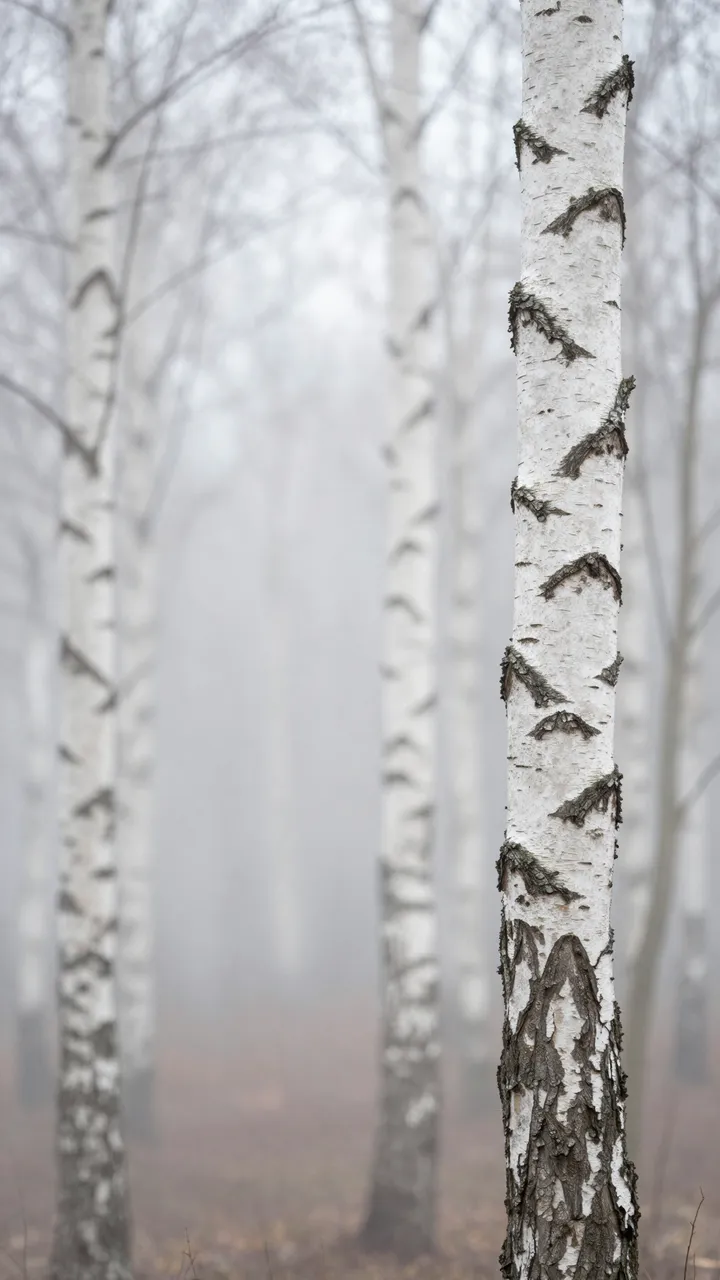 A sharp birch trunk stands at the right edge of a foggy leafless forest with empty misty space to the left
