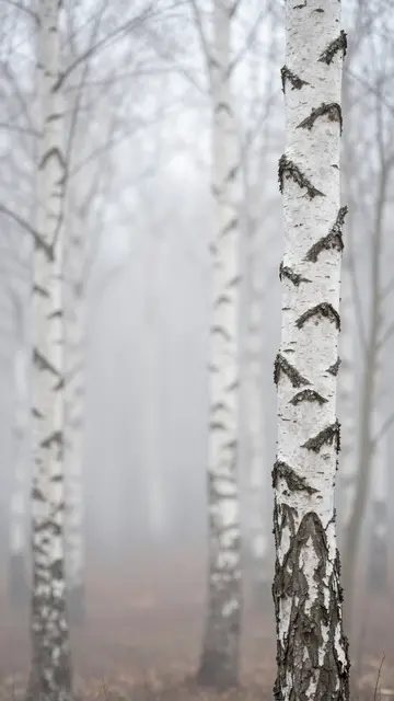 A sharp birch trunk stands at the right edge of a foggy leafless forest with empty misty space to the left