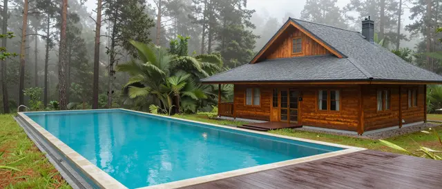 Long lap pool sits beside a wooden cabin on a foggy pine forest morning