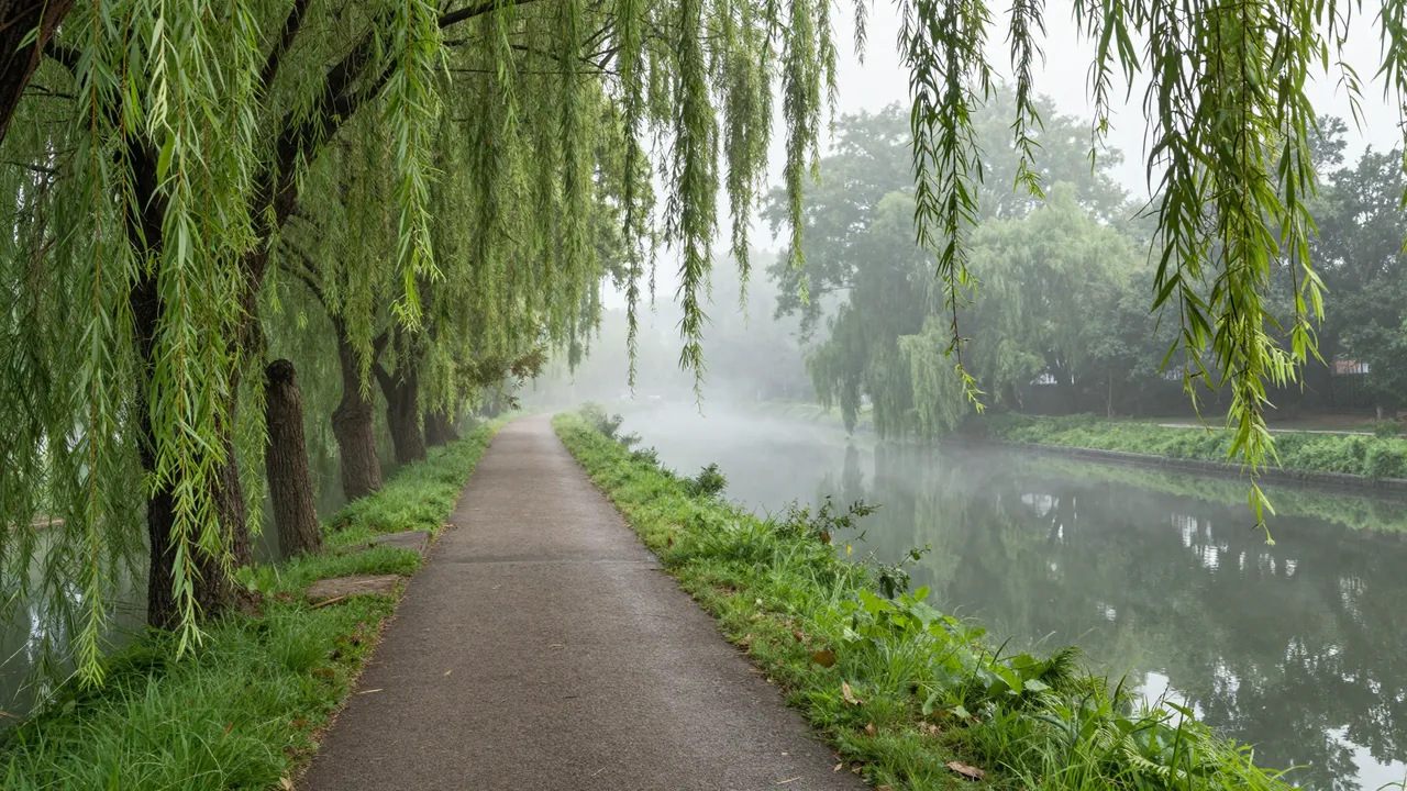 Paved towpath runs alongside a misty still canal lined with drooping weeping willow trees at early morning