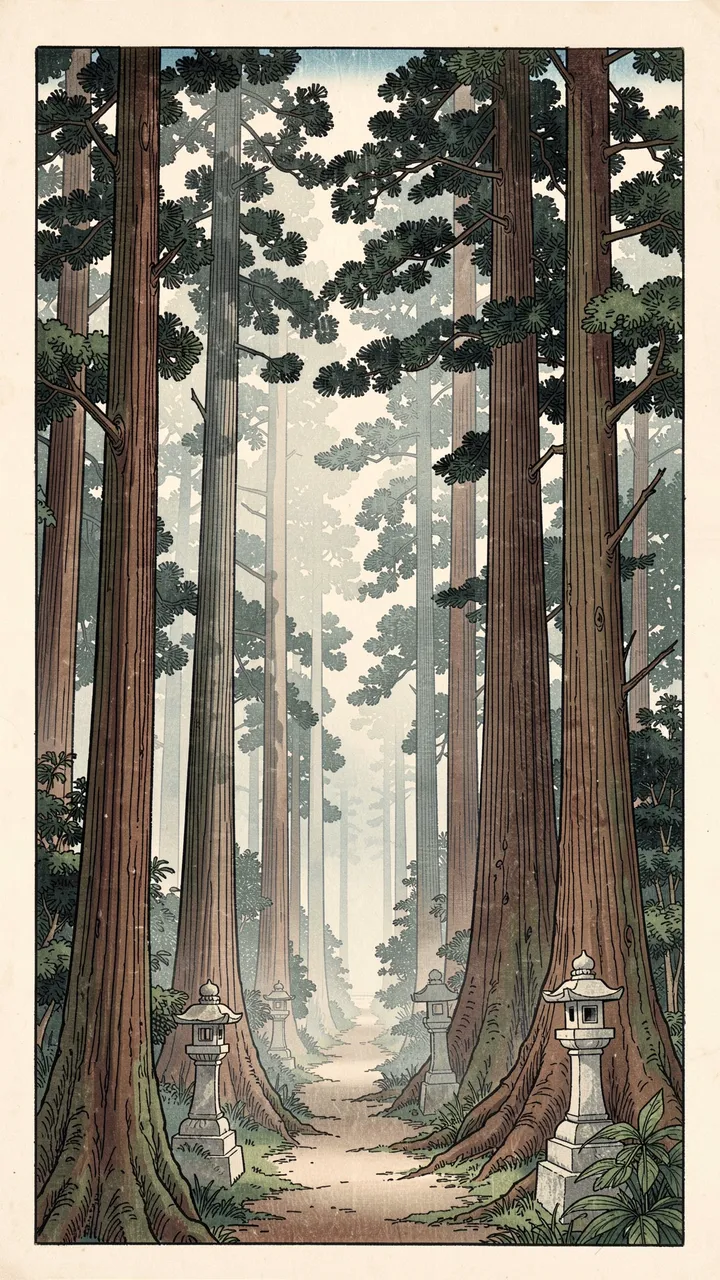 Japanese woodblock print of a misty tall cedar forest path lined with stone lanterns