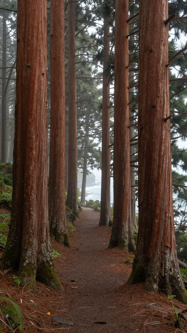 A winding dirt trail passes tall reddish tree trunks through a foggy coastal forest