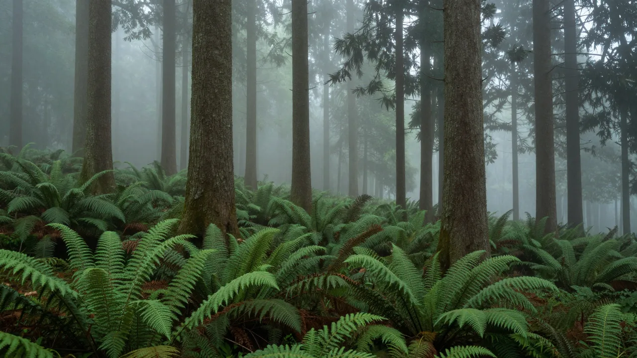 Tall conifer trunks rise through thick morning fog above a fern-covered forest floor.