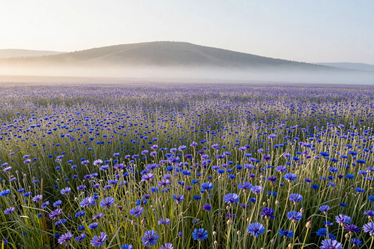 Wide field of blooming blue cornflowers stretches toward fog-shrouded low hills at soft golden sunrise