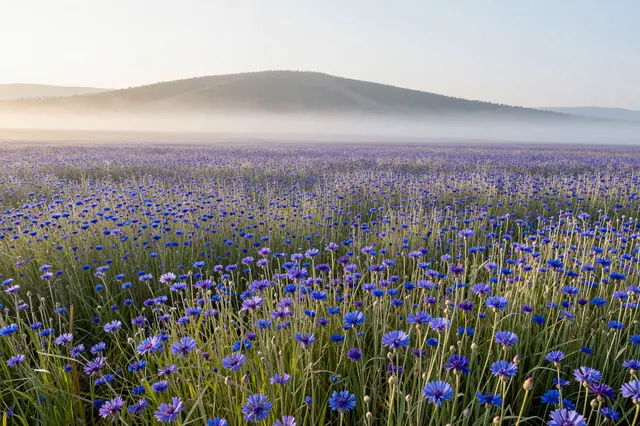 Wide field of blooming blue cornflowers stretches toward fog-shrouded low hills at soft golden sunrise
