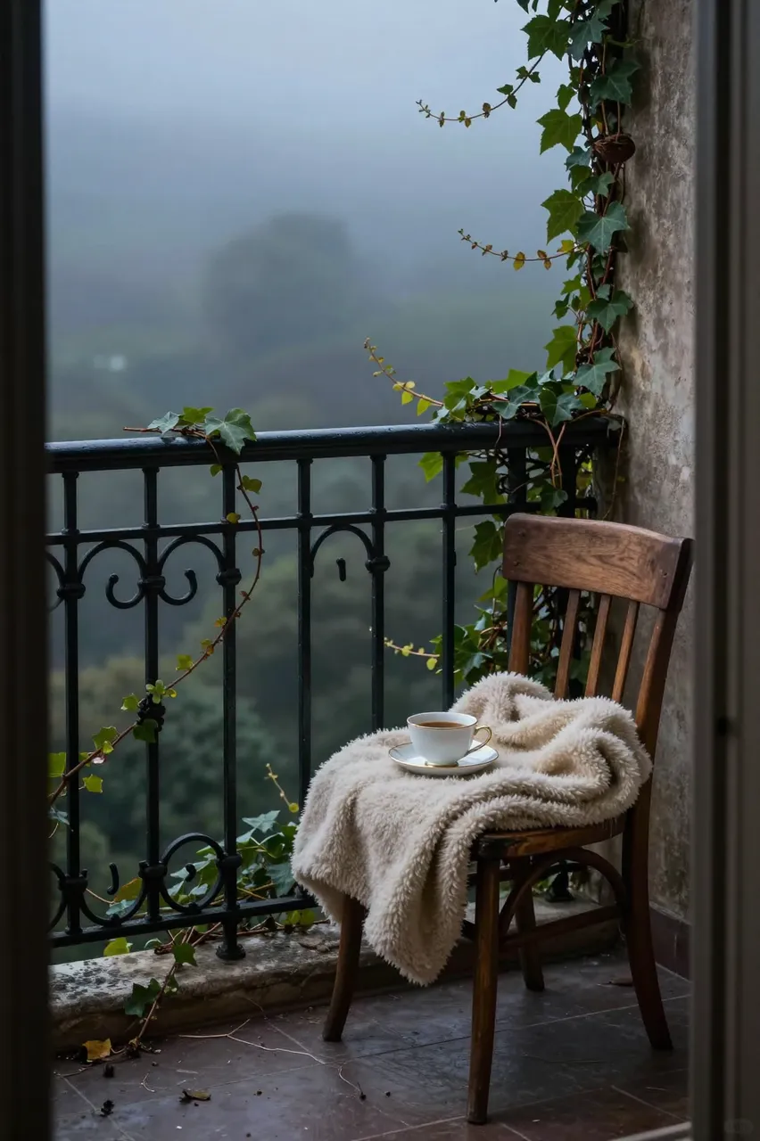 Wooden chair with a wool blanket and teacup sits on an ivy-covered foggy balcony at dusk
