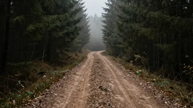 A rutted dirt road stretches through a dense dark fir forest, vanishing into thick fog in the distance.