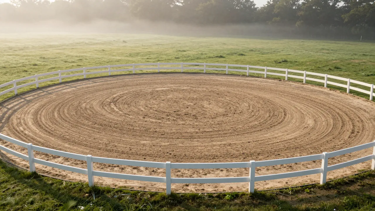 Empty raked sand equestrian arena enclosed by white fencing beside misty fields at early dawn