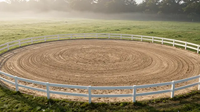 Empty raked sand equestrian arena enclosed by white fencing beside misty fields at early dawn