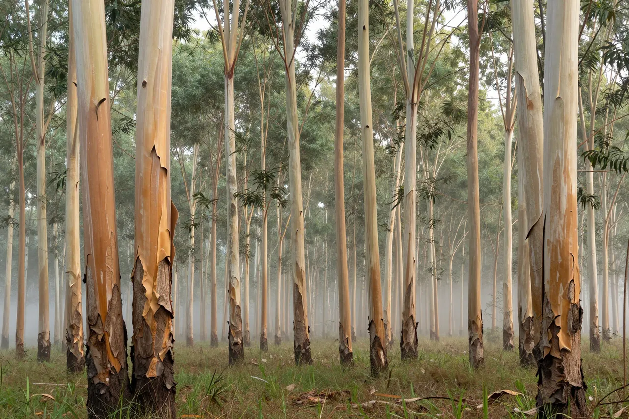 Tall eucalyptus trees with peeling bark stand amid soft morning haze across a grassy forest floor