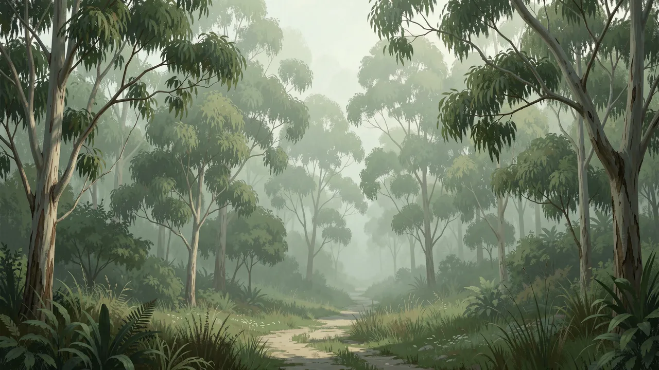 A dirt path winds through a misty sage green eucalyptus grove in soft painterly light