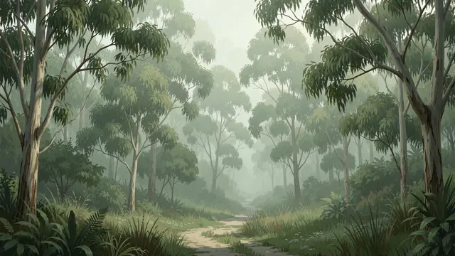 A dirt path winds through a misty sage green eucalyptus grove in soft painterly light