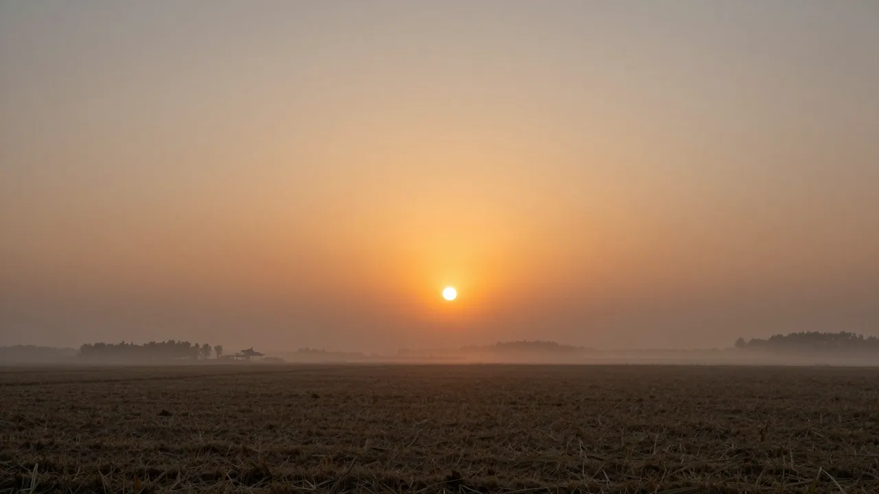 Glowing orange sun rises over fog-shrouded harvested farm fields at dawn
