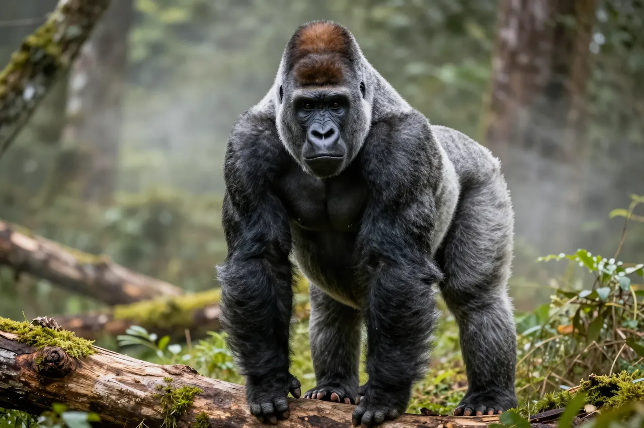 A large silverback gorilla stands on a mossy fallen log facing the camera in a misty forest