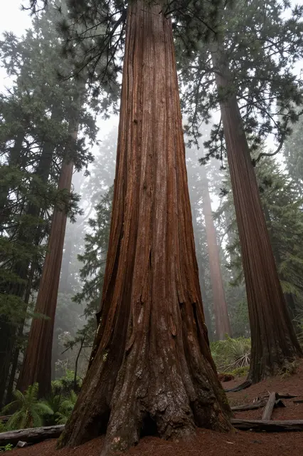 Tall giant redwood trees stand shrouded in thick fog in a California forest