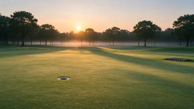Empty golf putting green with a hole, long golden shadows and fog at early sunrise
