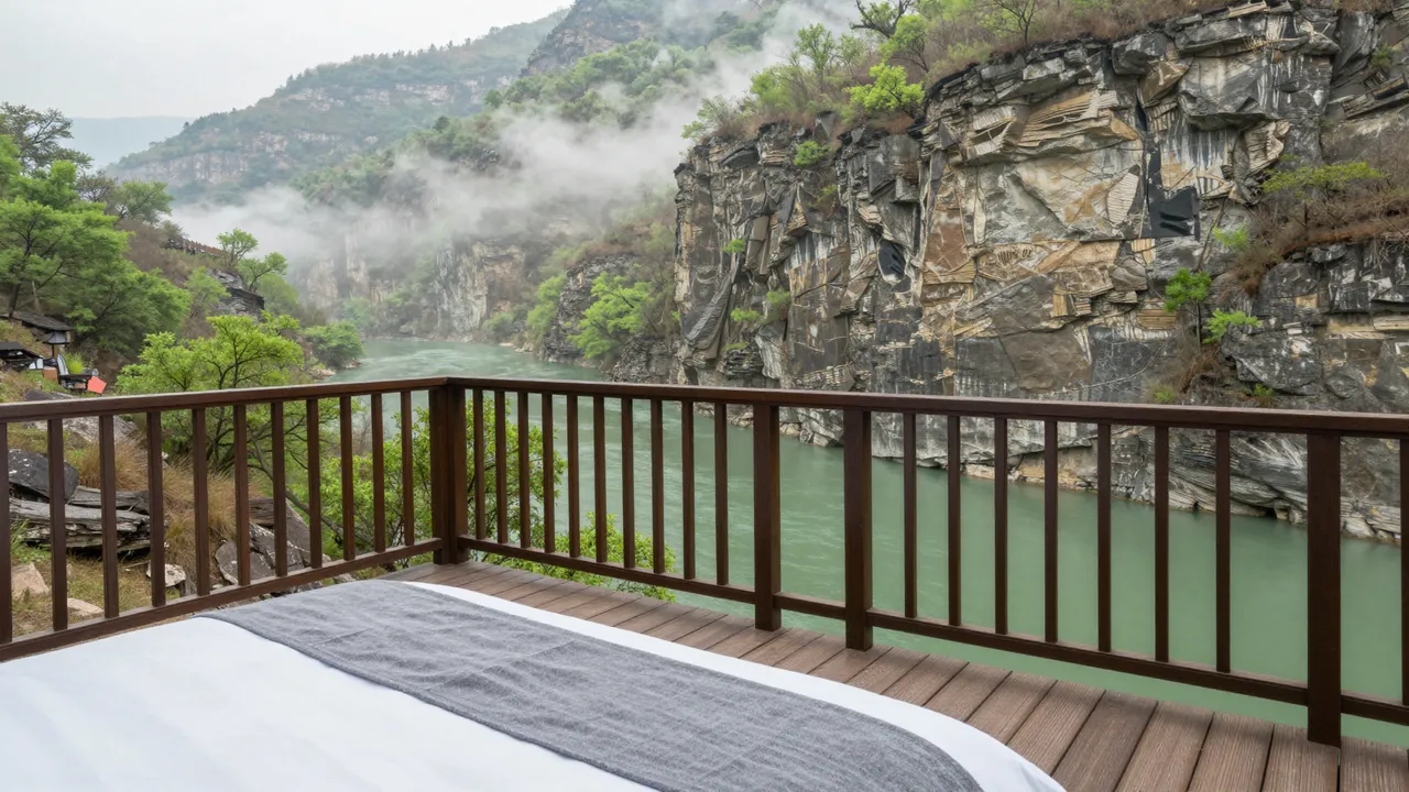 Hotel room deck overlooking a misty green river gorge with spring cliffs and rising fog