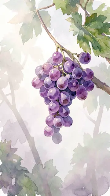 Watercolor illustration of a cluster of purple grapes on a vine surrounded by soft morning fog.