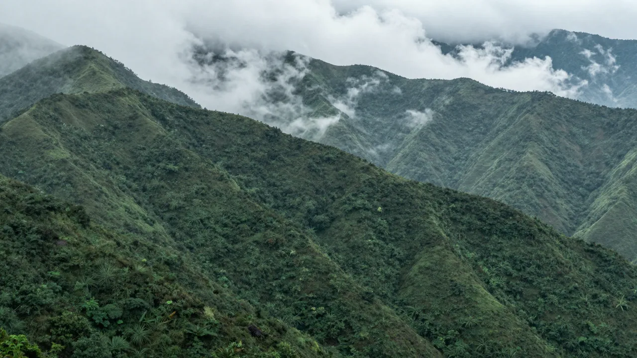 Dense green mountain ranges with wispy clouds drifting between the ridges after rainfall