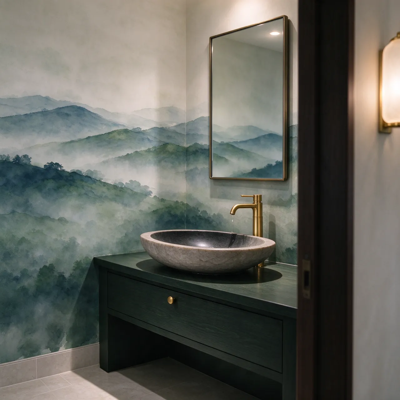 Elegant powder room with a misty hills mural, stone vessel sink and slim brass faucet