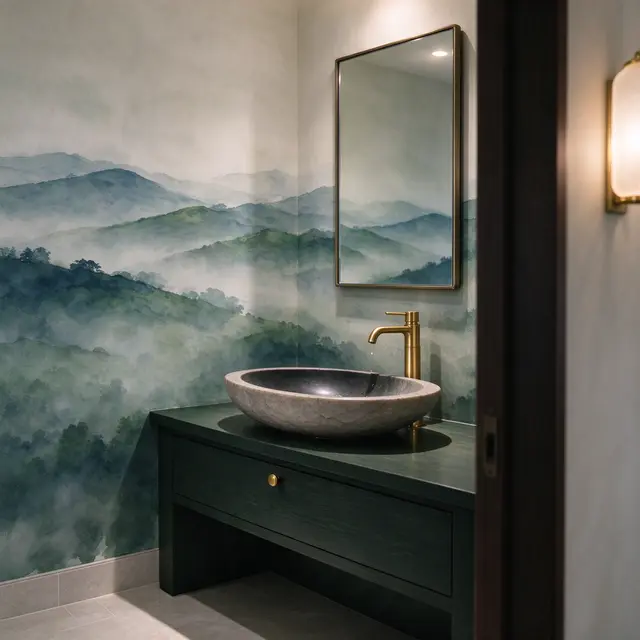 Elegant powder room with a misty hills mural, stone vessel sink and slim brass faucet