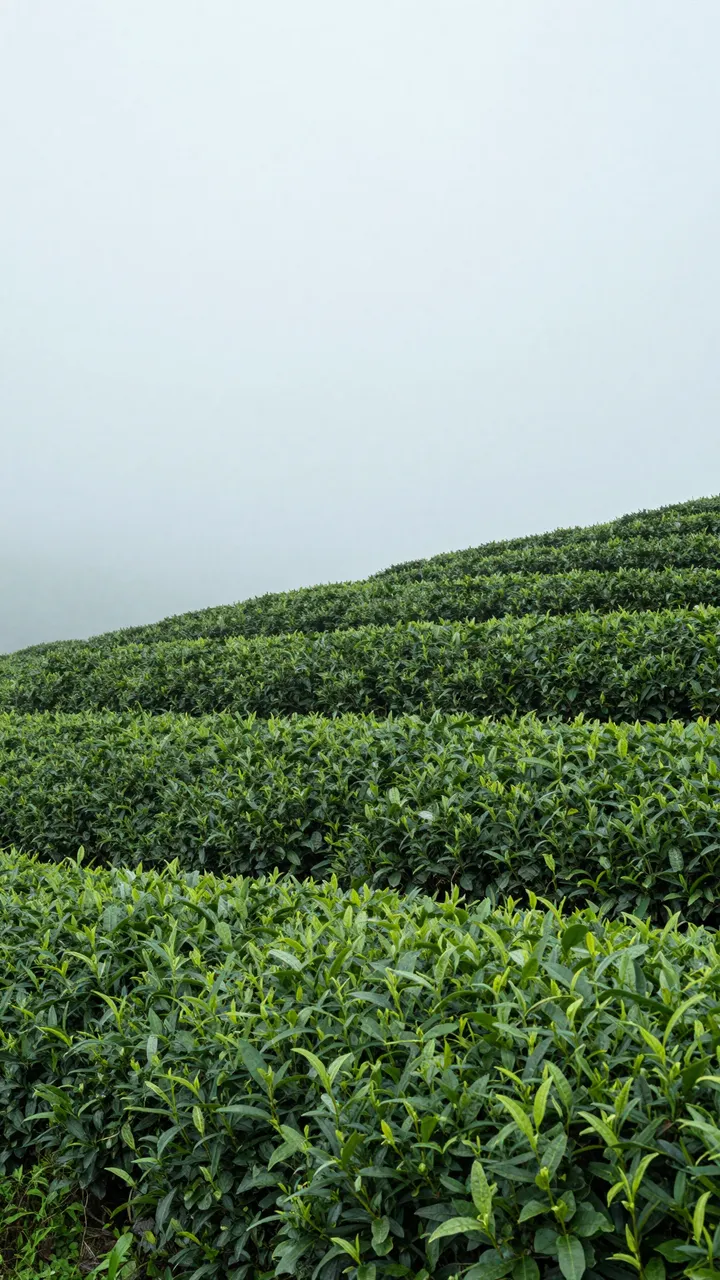 Rows of green tea bushes grow on a sloped hillside beneath empty foggy overcast sky