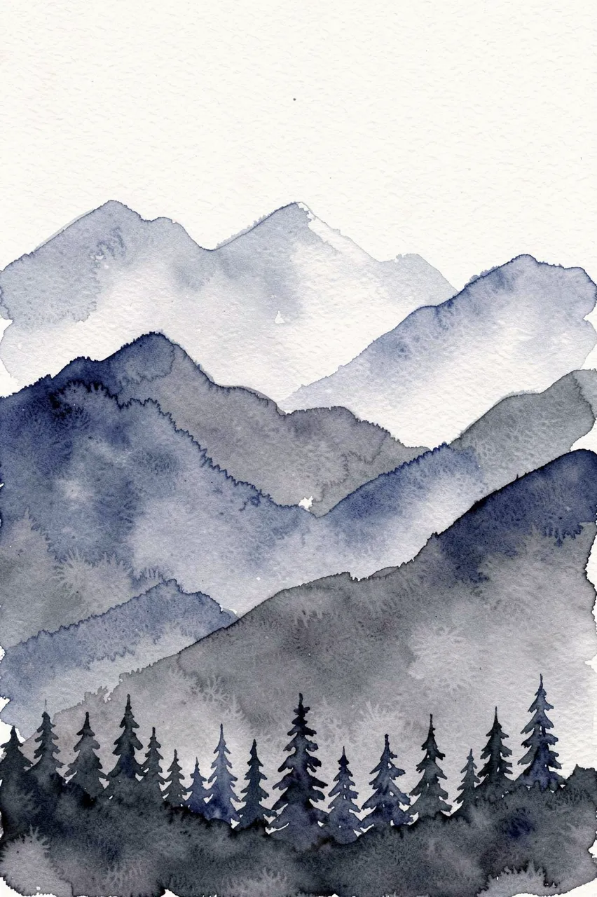 Layered misty indigo and gray watercolor mountains with a row of dark pine trees along the bottom edge