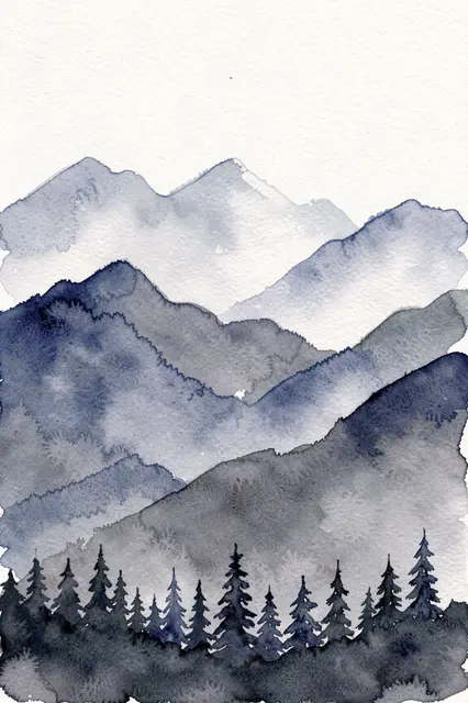 Layered misty indigo and gray watercolor mountains with a row of dark pine trees along the bottom edge