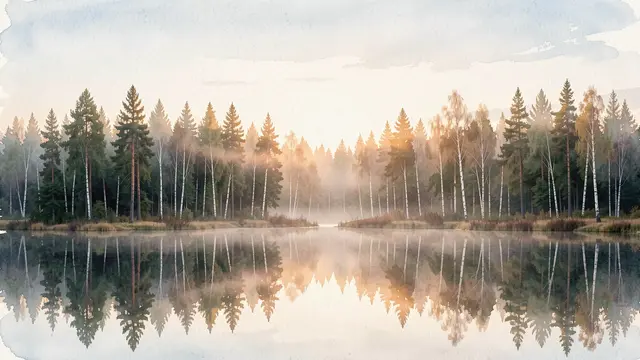 Watercolor painting of a misty pine and birch forest reflected in a still lake at soft dawn