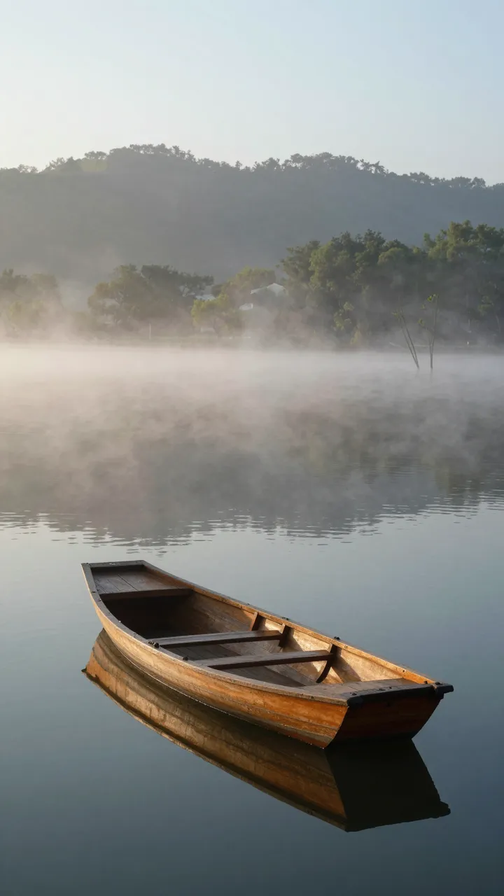 A small wooden rowboat floats on calm misty lake water at soft dawn, with forested hills in the distance.