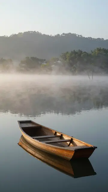 A small wooden rowboat floats on calm misty lake water at soft dawn, with forested hills in the distance.