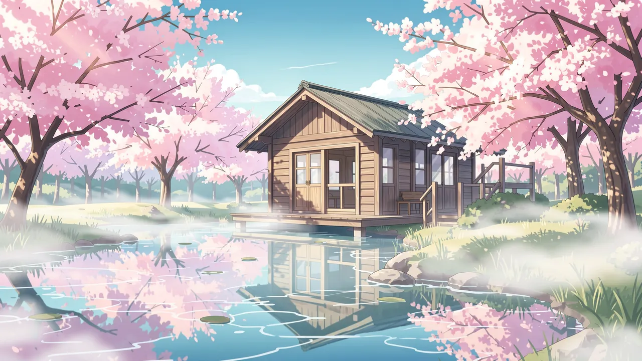 Anime-style illustration of a wooden lakeside cabin surrounded by blooming cherry blossom trees over misty reflective water