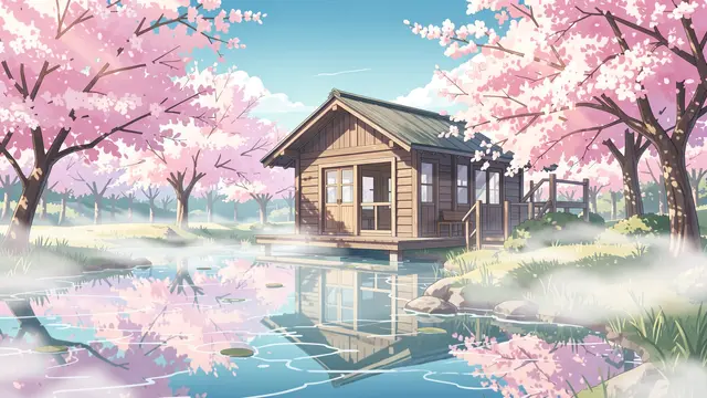 Anime-style illustration of a wooden lakeside cabin surrounded by blooming cherry blossom trees over misty reflective water