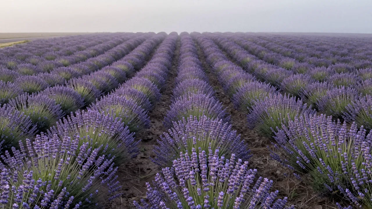 Rows of flowering lavender stretch into hazy mist across a farm field at soft dawn
