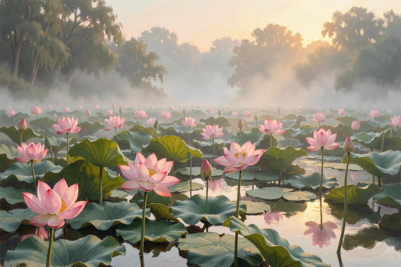 Oil painting of a lotus pond with pink blooms and drifting mist at soft golden dawn