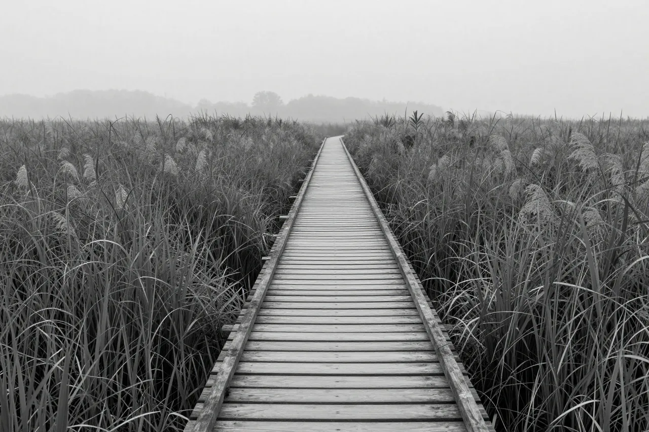 Black and white view of a wooden plank footbridge stretching through tall reeds into thick fog