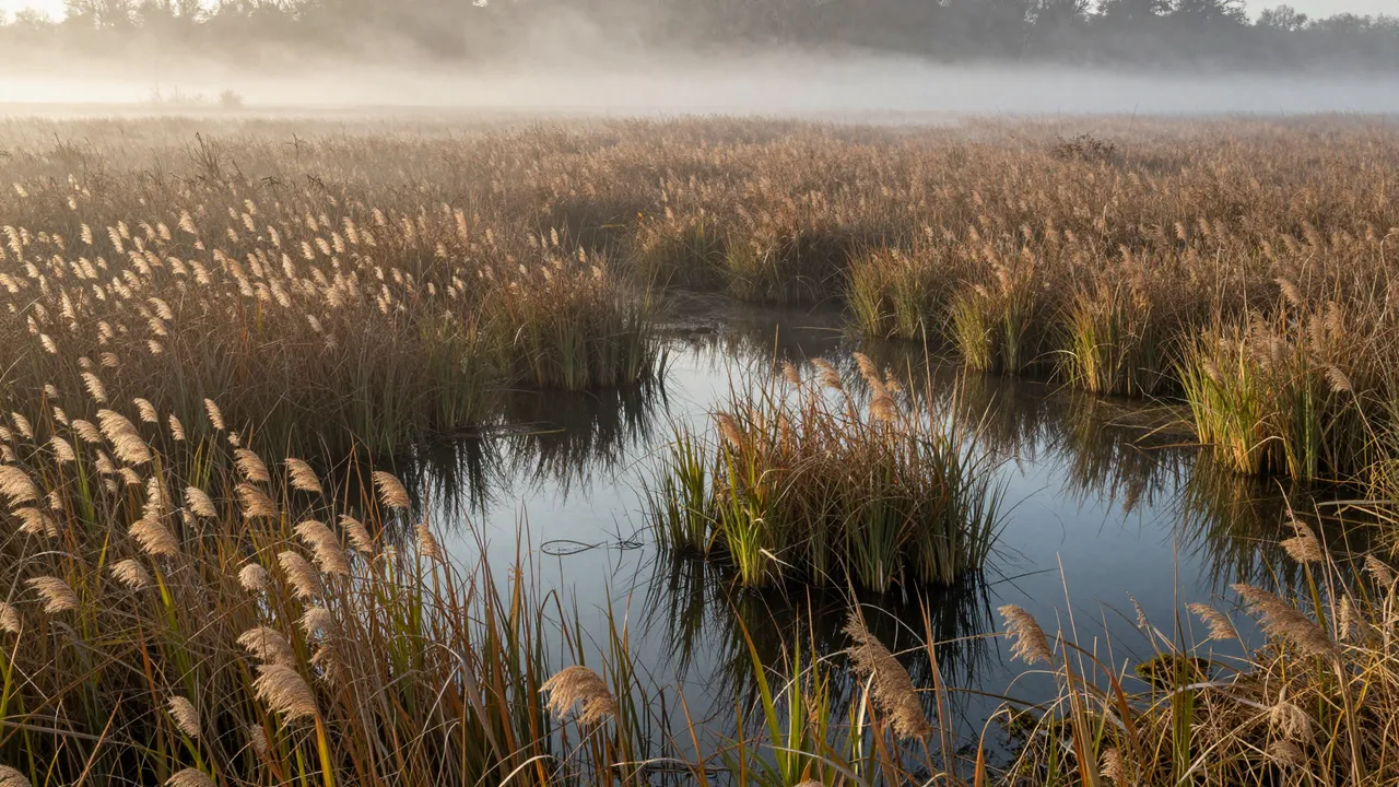 Golden sunrise light drifts over misty reed beds and still reflective marsh pools