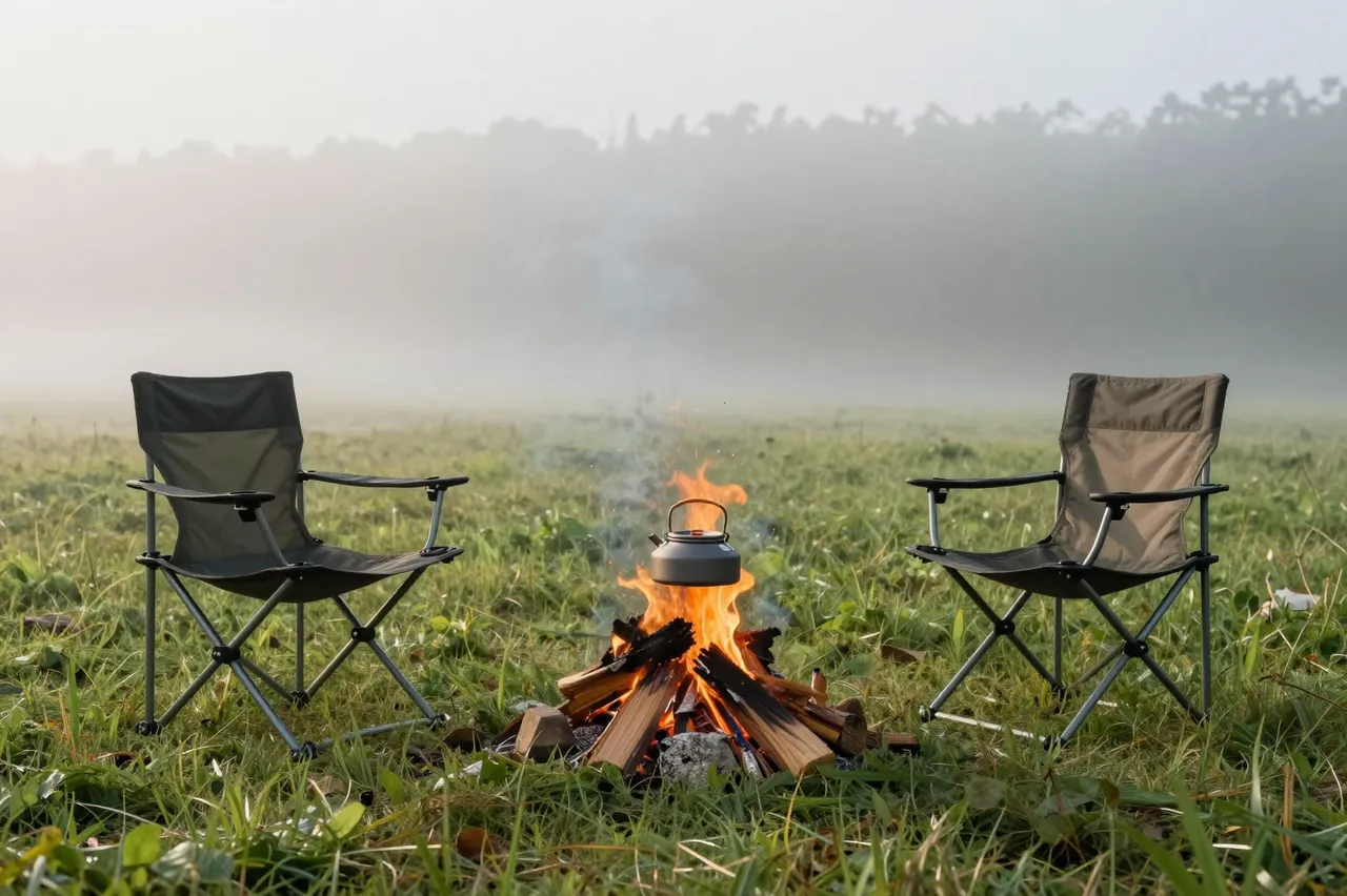 Two folding camping chairs sit beside a lit campfire with a kettle in foggy morning meadow