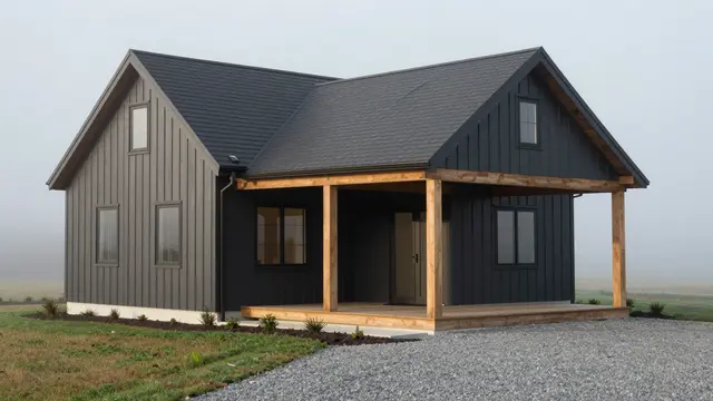 A modern charcoal-sided farmhouse with wood porch posts sits beside a gravel drive in thick morning fog.