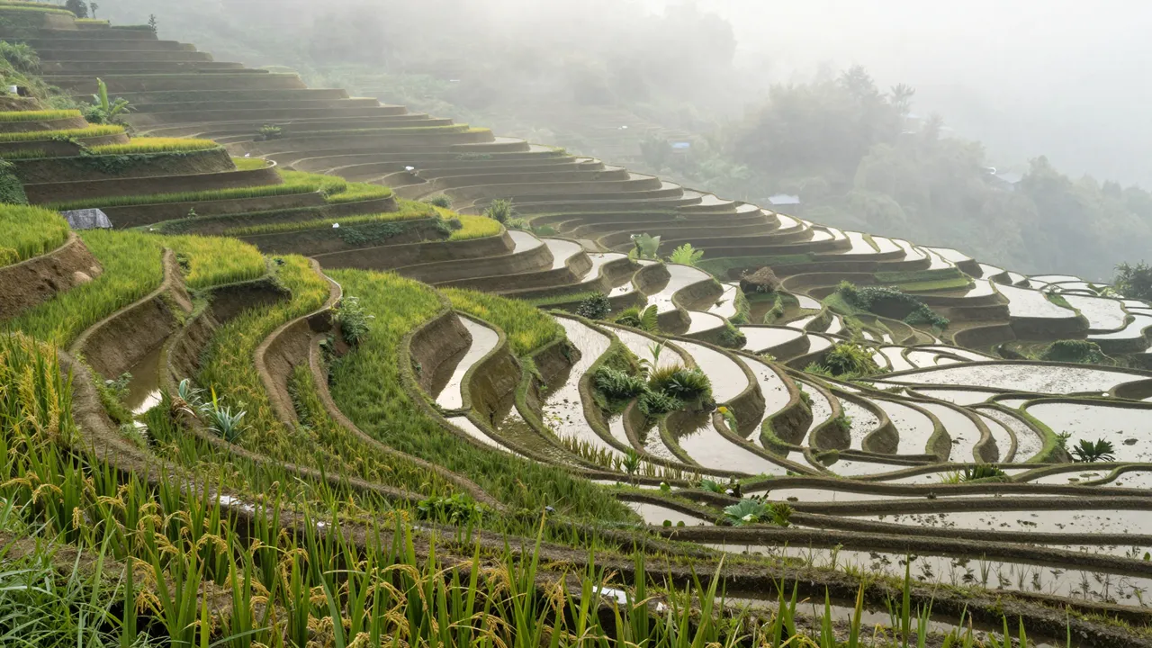 Curved tiered rice terraces stretch across a hillside shrouded in soft morning mist