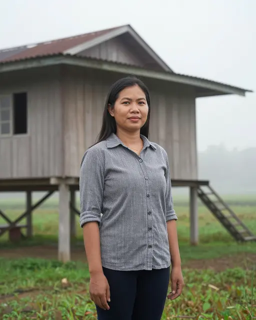 Southeast Asian woman in her thirties stands before a wooden stilt house on a foggy morning