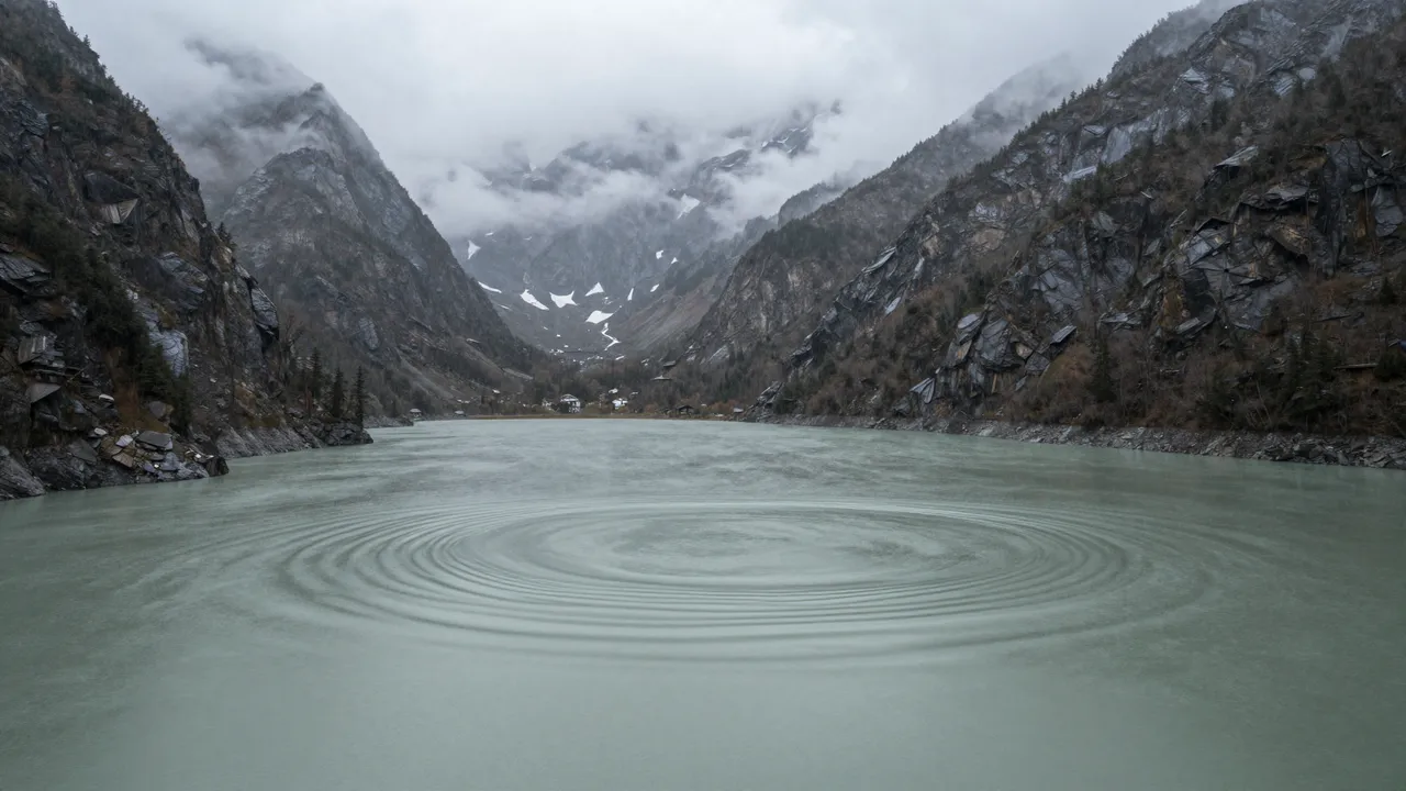 Concentric rain ripples spread across gray-green alpine lake water below cloud-wrapped rocky peaks