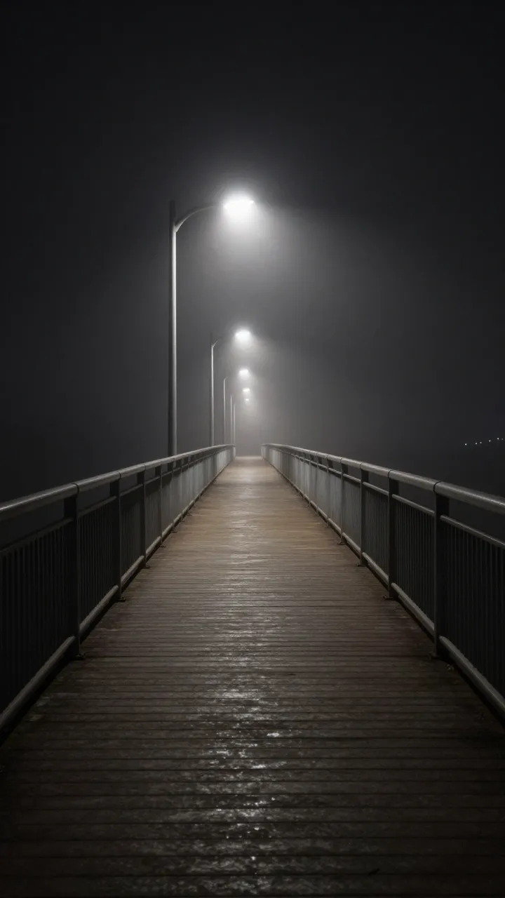 A long empty footbridge recedes through thick fog under glowing street lamps at night
