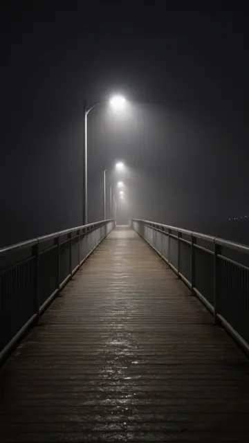 A long empty footbridge recedes through thick fog under glowing street lamps at night