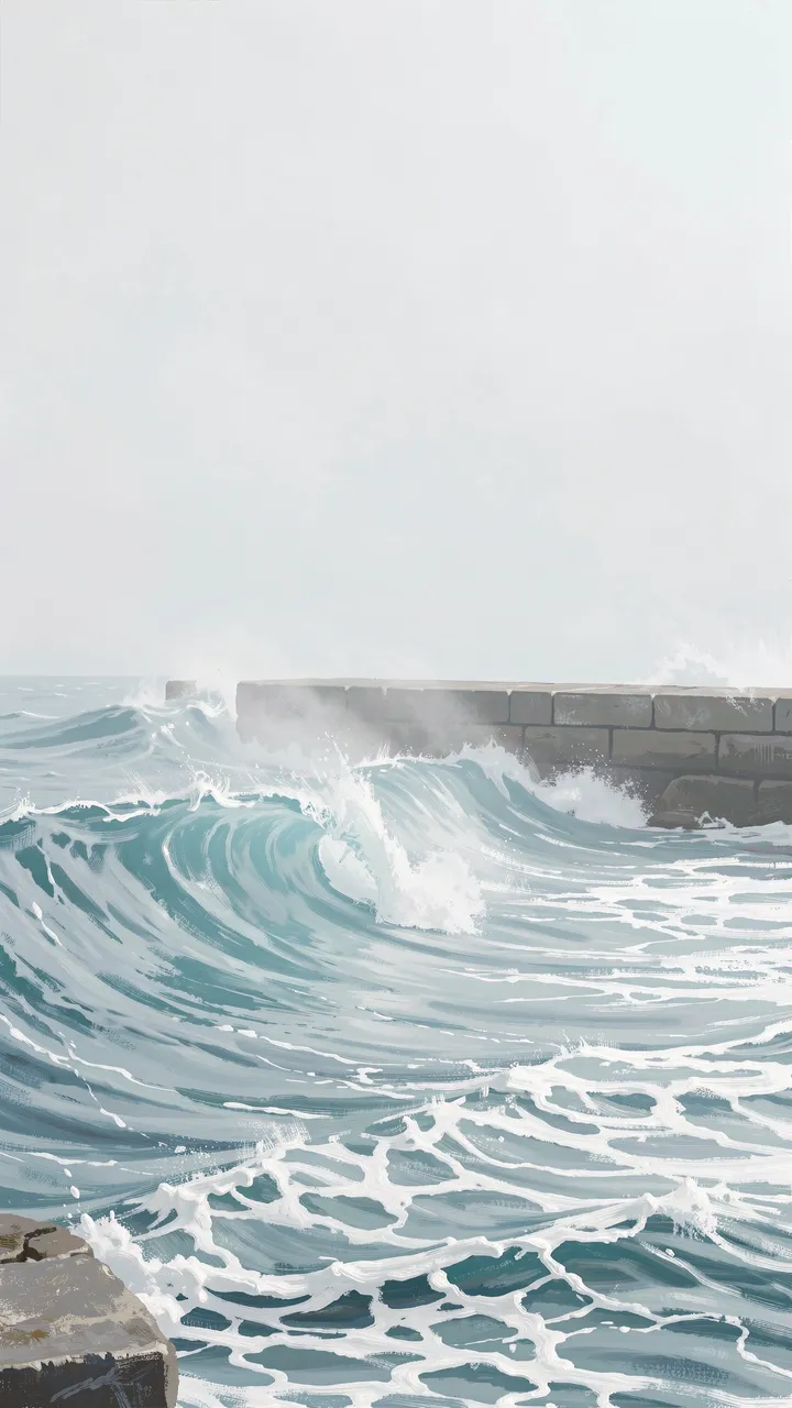 Pale blue ocean waves break against a stone jetty beneath soft hazy misty sky