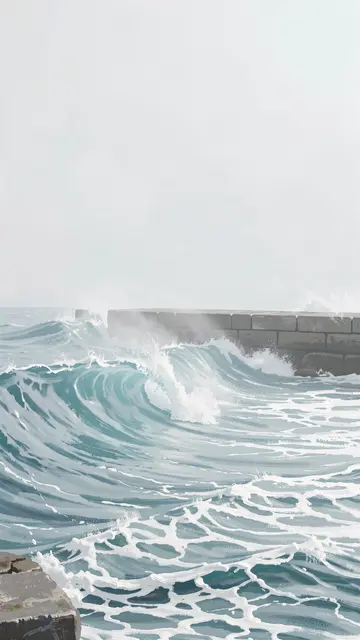 Pale blue ocean waves break against a stone jetty beneath soft hazy misty sky