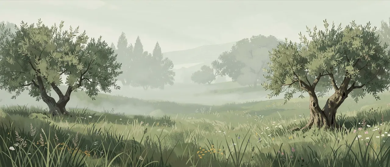 Soft painterly ultrawide sage green landscape of a misty meadow dotted with olive trees